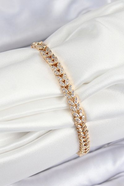 Clariss Brass Zircon Stone Row Leaf Model Gold Color Women's Bracelet