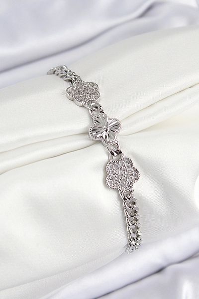 Clariss Brass Zircon Stone Clover Model Silver Color Women's Bracelet