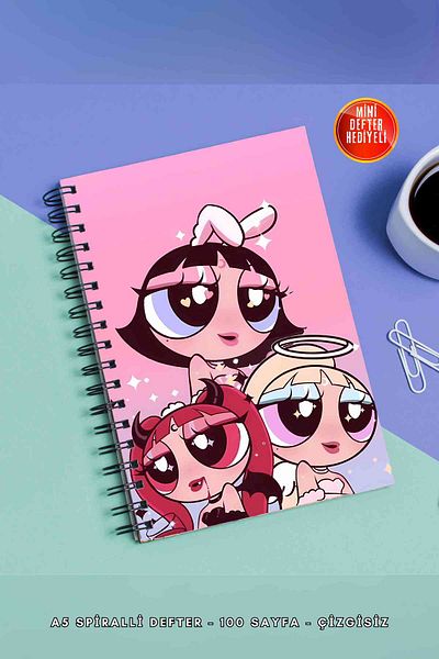 SevindirenŞeyler The Powerpuff Girls Notebook A5 Metal Spiral Unlined Cardboard Cover Planner Notebook