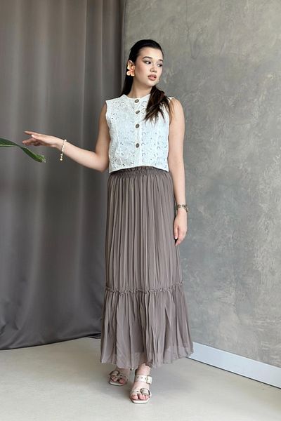 Poliyance İlay Vala Mink Long Lined Pleated Chiffon Skirt