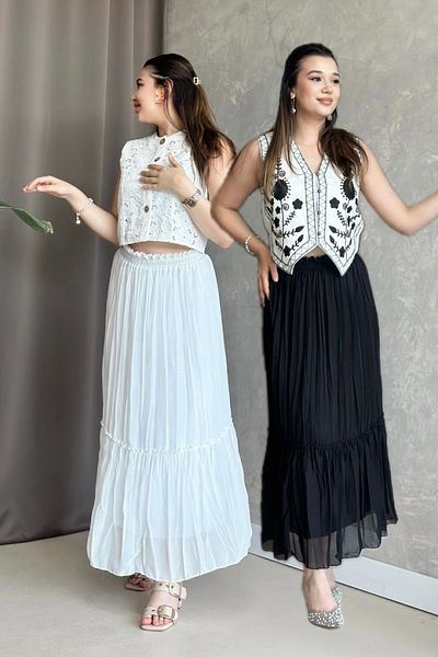 Poliyance İlay Vala Black and White Long Lined Pleated Chiffon Skirt