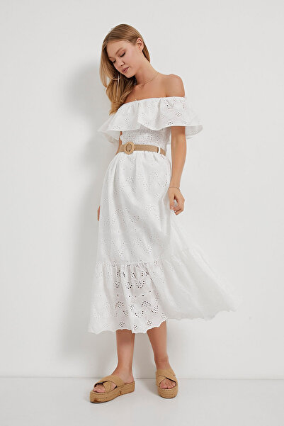 Arma Life Γυναικείο Ψάθινο Λευκό Μακρύ Φόρεμα με Ζώνη Madonna