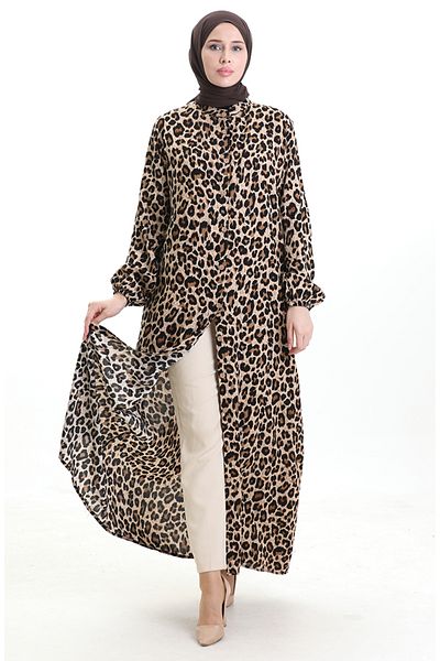 sefamerve Φόρεμα με κουμπιά με σχέδιο Leopard 0122-01 Μαύρο Μπεζ