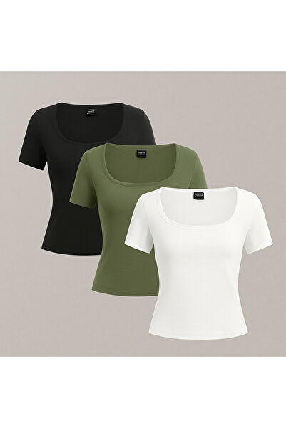 Oylem Kare Yaka Vücuda Oturan 3'lü Kadın T-Shirt Seti - Crop Model