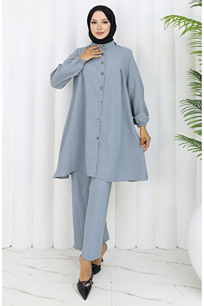 sefamerve Buttoned tunic pants double set 2108-02 gray