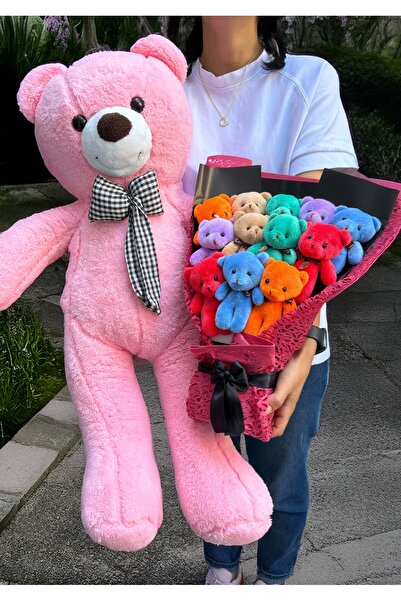 lenostra Sevgiliye Hediye Premium 12 Ayıcıklı Buket Rengarenk ve 90cm Pembe A...