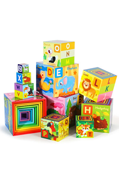 Picodino Set of 10 wooden cubes Montessori Tower Alphabet and Animals