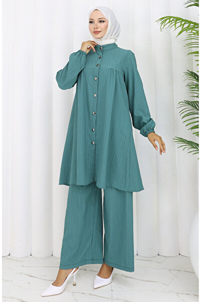 sefamerve Buttoned tunic pants double set 2108-03 green