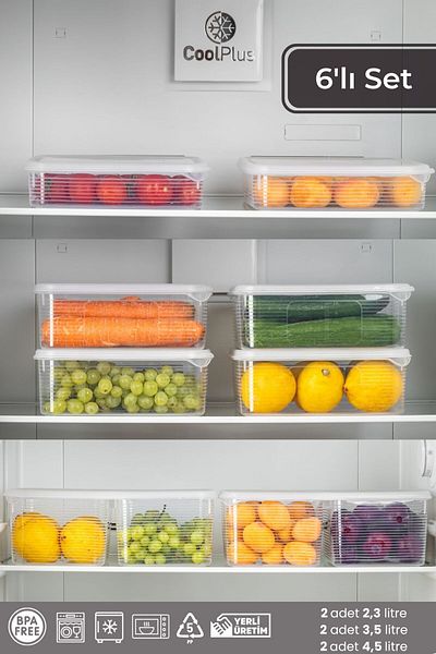 BRAMBLE LIFE 2.3 Lt - 3.5 Lt - 4.5 Lt 2 Compartment Rectangular Lid Refrigerator and Freezer Organizer Set of 6