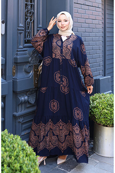 sefamerve Balon Kol Viskon Elbise 5581-01 Lacivert