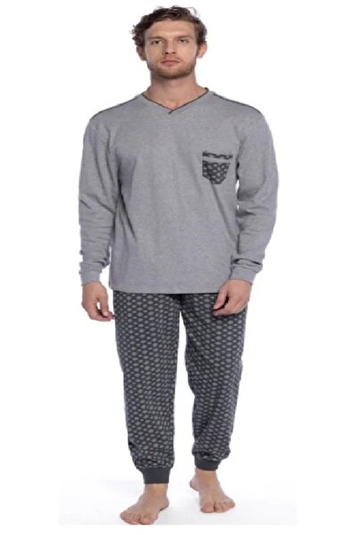 BARAY TEKSTİL Men's Pajama Pijamood, 100% Cotton, Long Sleeve, Gray, XL