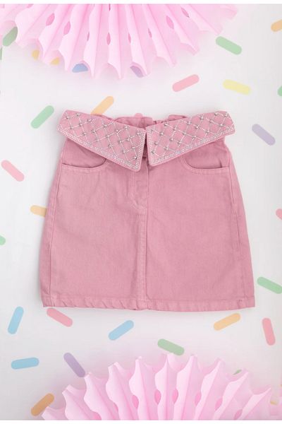 chipiques Waist Partially Folded Zircon Stone Embroidery Girls' Denim Skirt
