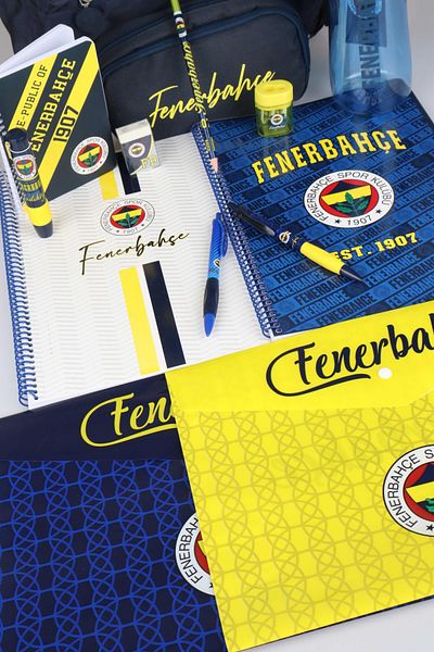 Fenerbahçe حقيبة مدرسية كبيرة الحجم مرخصة من DEKOMUS، حقيبة أقلام، دفاتر ملاحظات مقاس A4 قطعتين، زجاجة مياه 700 مل