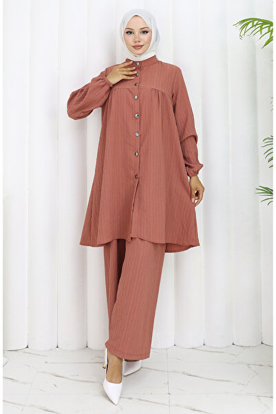sefamerve Double buttoned tunic pants double set 2108-04 dusty rose