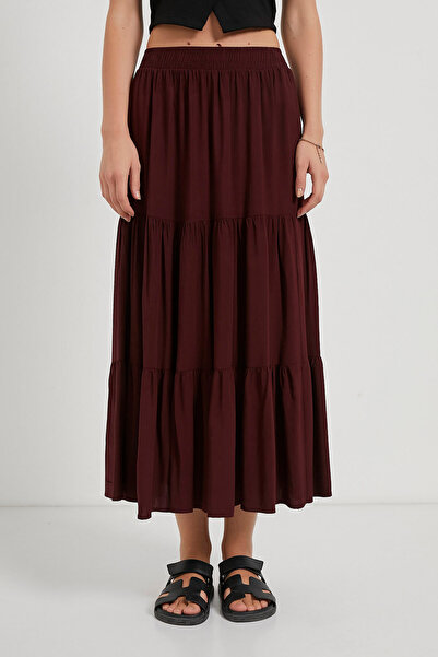 Arma Life Women's Piece Elastic Waist Burgundy Flared Long Skirt