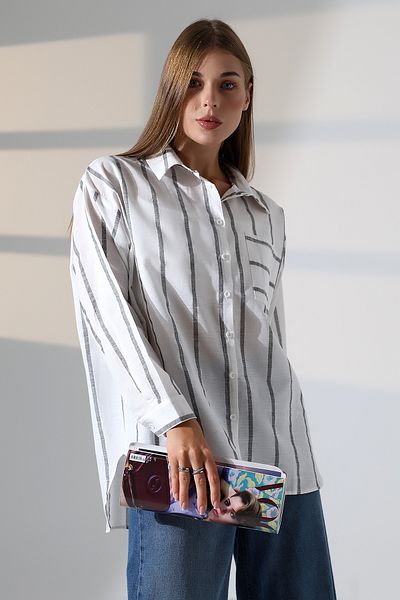 MAYELN Linen Striped Pocket Oversize Women's Shirt
