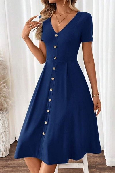 Mossta V-Neck Button Detailed A-Line Woven Dress - Blue