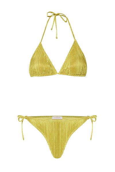 AQUELLA Pleated Satin Neon Green Triangle Bikini Set
