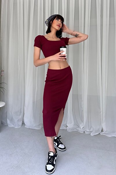 New Now Square Necklace Crop Slit Skirt Suit