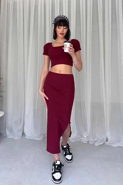 New Now Square Necklace Crop Slit Skirt Suit