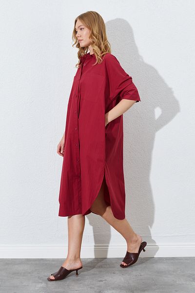 EDITION WOMAN Burgundy Loose Fit Double Pocket Shirt Dress - Ek100283067