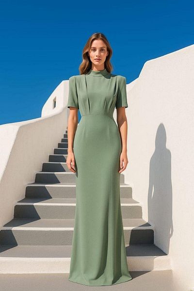 Mossta Short Sleeve Stand Collar Slit Crepe Dress - Mint
