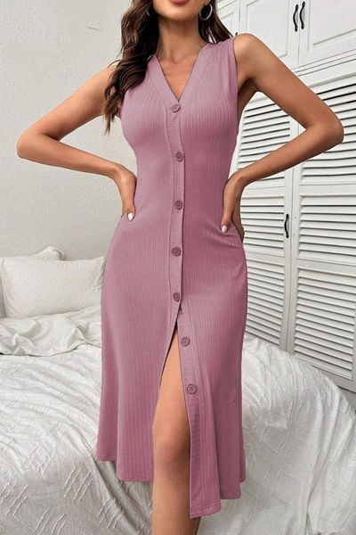 Mossta V-Neck Buttoned Camisole Midi Dress - Pink