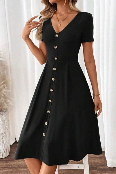 Mossta V-Neck Button Detailed A-Line Woven Dress - Black