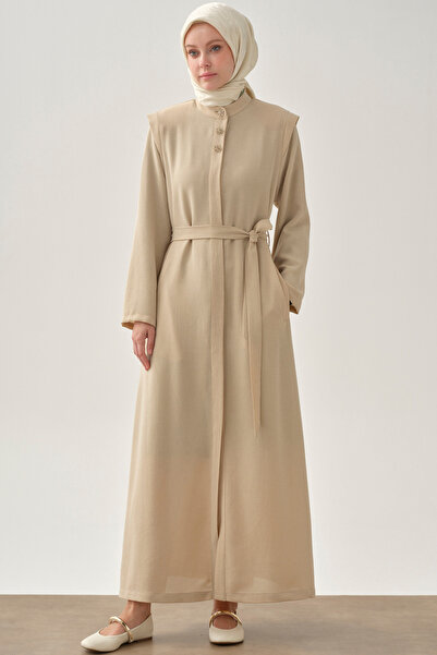 Tuğba Omuz Allerli Kuşaklı Ferace - Bej
