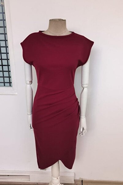 Mossta Crew Neck Draped Midi Length Crepe Dress - Burgundy