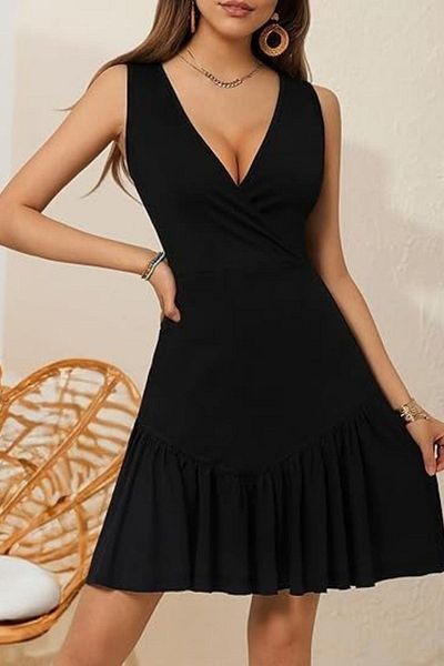 Mossta Double Breasted Collar Waist Fitted Ruffle Crepe Dress - Black