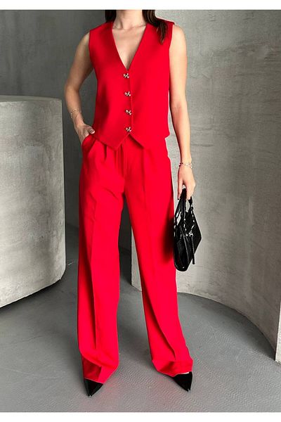 vesantia 2-Piece Women's Red Ribbon Buttoned Vest Blazer Suit