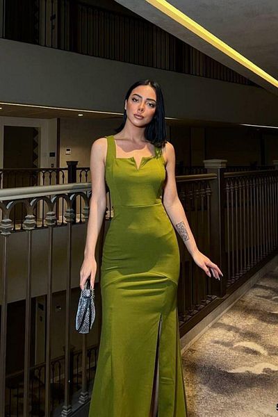 Mossta Strap Neck Detailed Slit Evening Dress - Oil Green