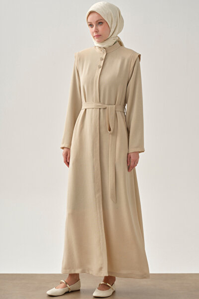 Tuğba Omuz Allerli Kuşaklı Ferace - Bej