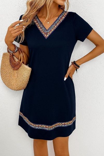 Mossta Ethnic Pattern Stripe Detailed Viscose Dress - Navy Blue
