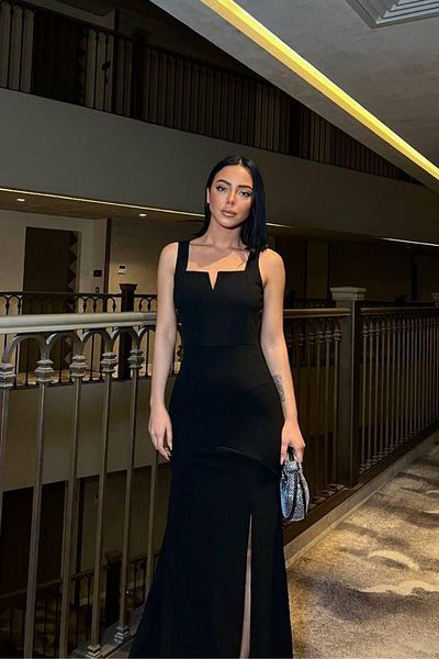 Mossta Strappy Neckline Detailed Slit Evening Dress - Black