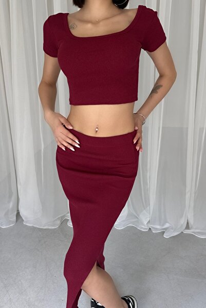 New Now Square Necklace Crop Slit Skirt Suit
