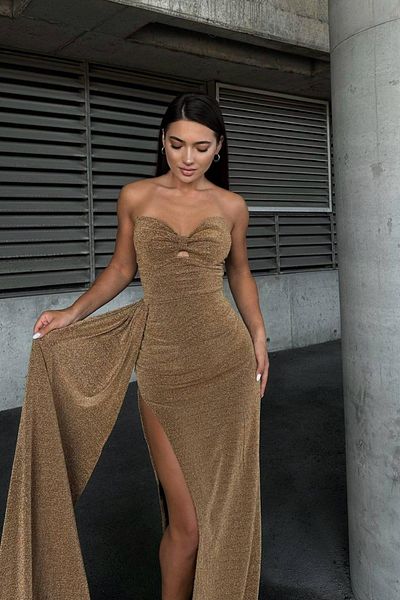 Mossta Strapless Bust Low-Cut Glitter Evening Dress - Gold