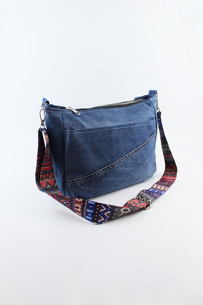 İLKYAZ Țesătură din denim de culoare solidă Închidere cu fermoar Geantă de umăr încrucișată de mărime medie pentru femei albastră 28x22x9 cm