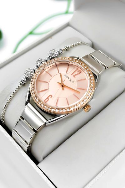 Ferrucci Steel Cord Steel Case Women Wrist Watch, 3 Atm Waterproof Silver-Rose Zmfer190