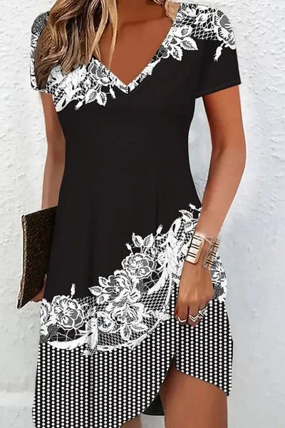Mossta V-Neck Short Sleeve Floral Printed Single Jersey Dress - Black