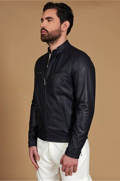 By Marki Marki Men's Genuine Leather Jacket – Crew Neck, 6 Pockets, Lined, 67 Cm, Spring - 505422