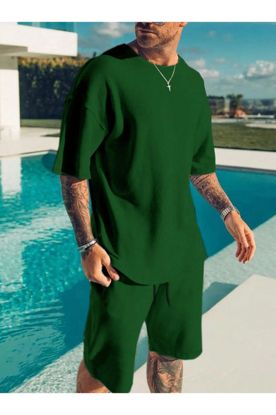 LAYORA "Men's Oversize Solid Color Shorts Set - Green Color Summer Double Set"