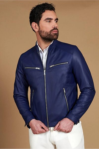 By Marki Marki Men's Genuine Leather Jacket – Crew Neck, 6 Pockets, Lined, 67 Cm, Spring - 505422