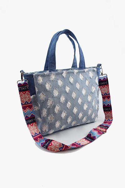 İLKYAZ Țesătură din denim cu model Curea coloană colorată Albastru Geantă de umăr pentru femei de mărime medie 27x25x10 cm