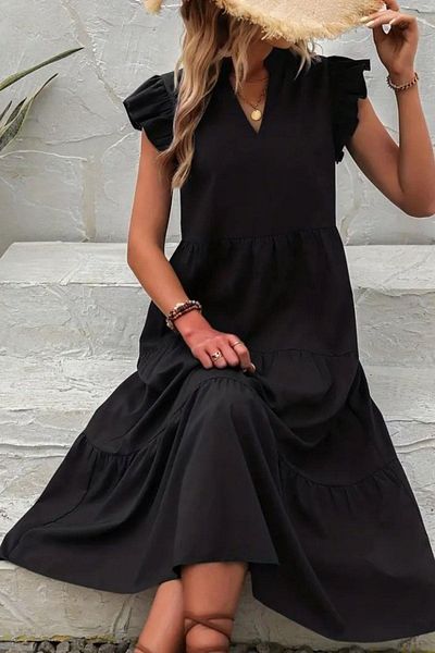 Mossta Ruffle Sleeve V-Neck Relaxed Fit Dress - Black