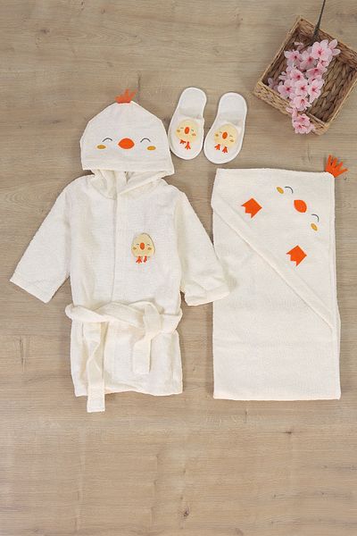 Sitilin Girl Boy Baby Chick Embroidered Luxury Bathrobe Set Towel Set 100% Cotton Fabric 0- 2 Years Stl7056