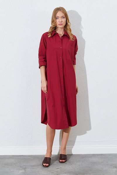 EDITION WOMAN Burgundy Loose Fit Double Pocket Shirt Dress - Ek100283067