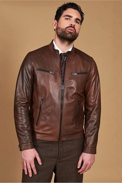 By Marki Marki Men's Genuine Leather Jacket – Crew Neck, 6 Pockets, Lined, 67 Cm, Spring - 505422