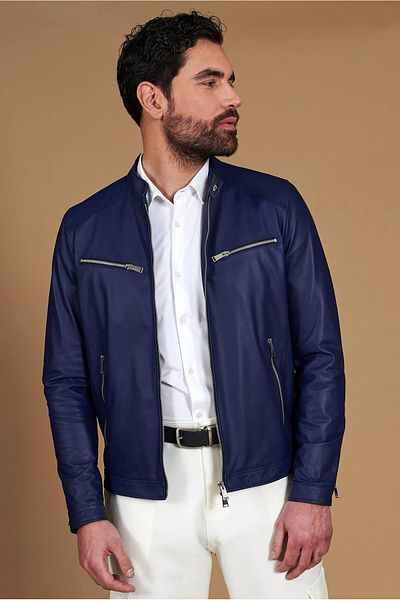 By Marki Marki Men's Genuine Leather Jacket – Crew Neck, 6 Pockets, Lined, 67 Cm, Spring - 505422